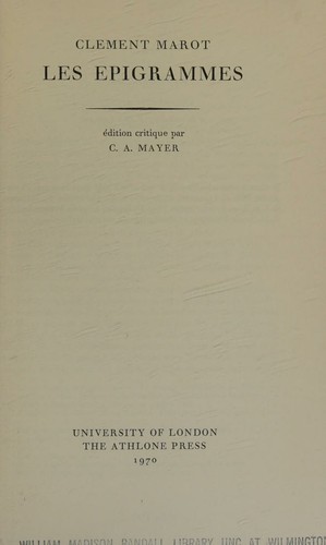 Les Epigrammes. Edition Critique Par C. A. Mayer