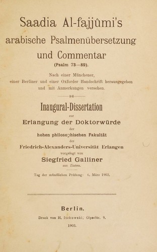 Saadja Al-fajjûmi's arabische Psalmenübersetzung und Commentar (Psalm 107-124) (German Edition)