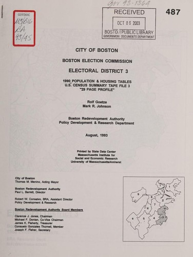 City of Boston, Boston election commission, electoral district 3, 1990 population and housing tables, u. S. Census summary tape file 3, "29 page profile"