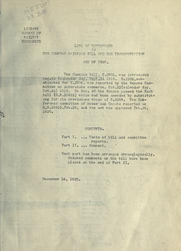 List of references on the Cummins railroad bill and the Transportation act of 1920