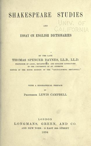 Shakespeare studies, and essay on English dictionaries