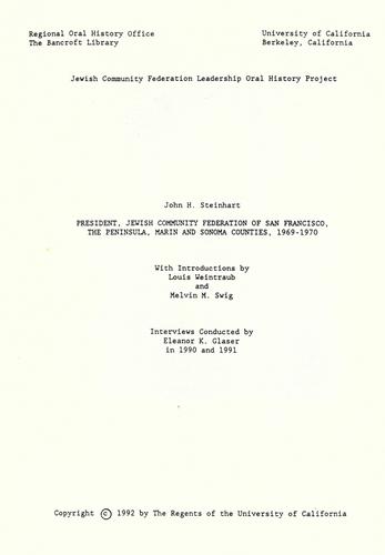 John H. Steinhart, President, Jewish Community Federation of San Francisco, the Peninsula, Marin and Sonoma Counties, 1969-1970