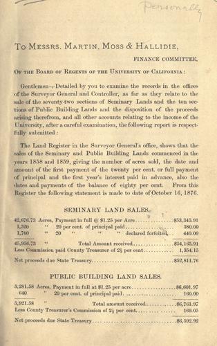 [Report by the Land agent of the University of California to the Finance committee of the Regents regarding the official records of the sale of school lands and the disposition of the proceeds
