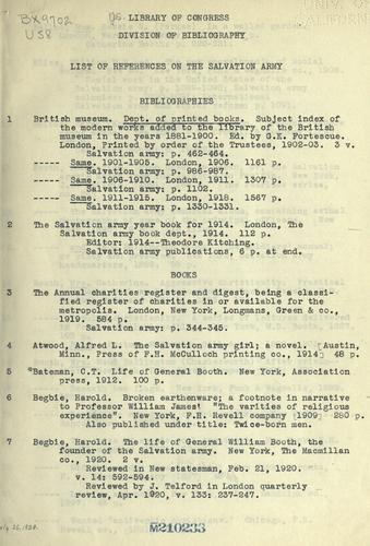 List of references on the Salvation army