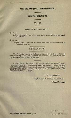 Working plan for the forests of the Bnajar Valley Reserve, [South]-Mandla Forest Division, Northern Circle, Central Provinces, for the period 1904-1935