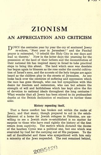 Zionism, an appreciation and a criticism