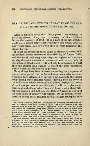 Mrs. J.E. De Camp Sweet's narrative of her captivity in the Sioux outbreak of 1862