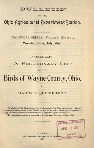 A preliminary list of the birds of Wayne County, Ohio