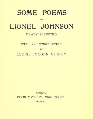 Some poems of Lionel Johnson newly selected