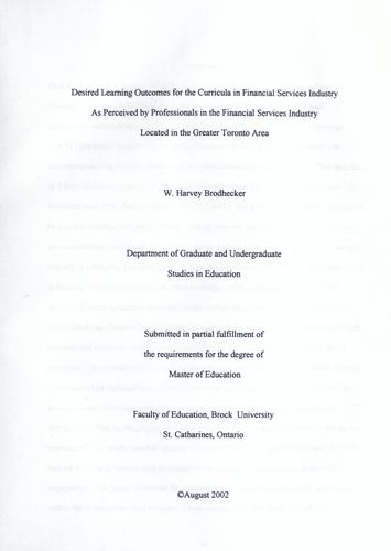 Desired learning outcomes for the curricula in financial services industry as perceived by professionals in the financial services industry located in the Greater Toronto Area
