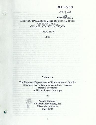 A biological assessment of stream sites on Bear Creek, Gallatin County,  Montana