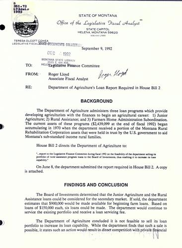 Department of Agriculture's loan report required in House Bill 2