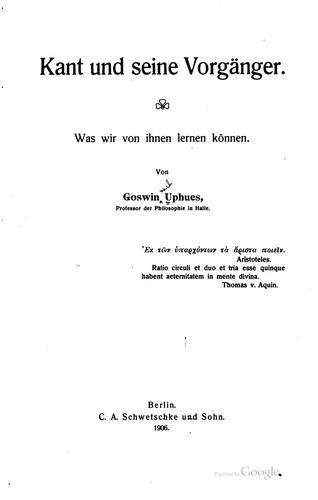 Kant und seine Vorgänger
