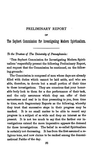 Preliminary report of the Commission appointed by the University of Pennsylvania to investigate modern spiritualism
