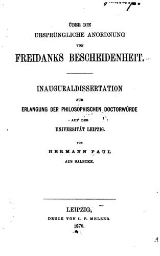 Über die ursprüngliche Anordnung von Freidanks Bescheidenheit ..