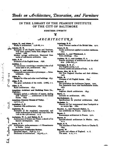 Books on architecture, decoration and furniture in the library of the Peabody institute, Baltimore, Maryland, nineteen-twenty