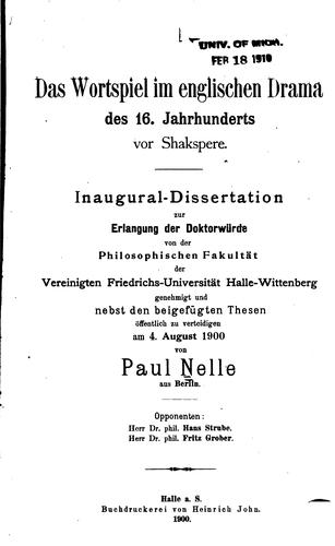 Das wortspiel im englischen drama des 16. jahrhunderts vor Shakspere ..