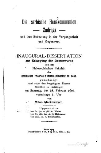 Die serbische Hauskommunion--Zadruga--und ihre Bedeutung in der Vergangenheit und Gegenwart ..