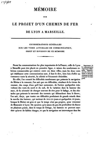 Mémoire sur le projet dʹun chemin de fer de Lyon à Marseille