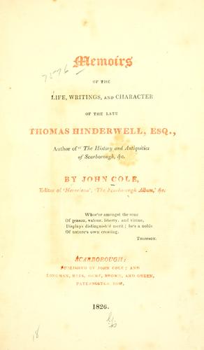 Memoirs of the life, writings and charcter of the late Thomas Hinderwell ..