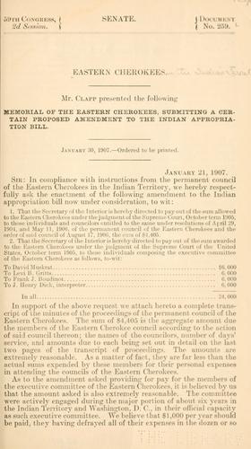 Memorial of the Eastern Cherokees submitting a certain proposed amendment to the Indian appropriation bill