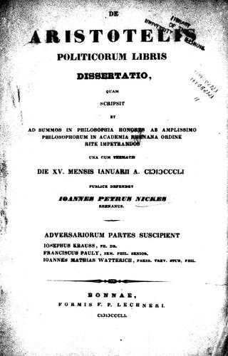 De Aristotelis Politicorum libris dissertatio