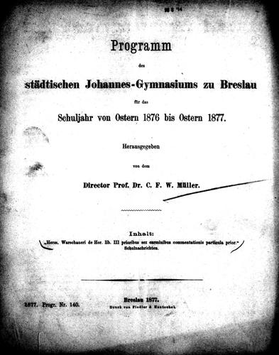Hermann Warschaueri de Horatii libri III prioribus sex carminibus commentationis particula prior