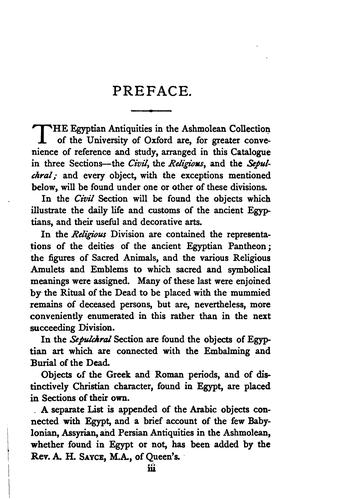 Catalogue of the Egyptian antiquities in the Ashmolean Museum, Oxford