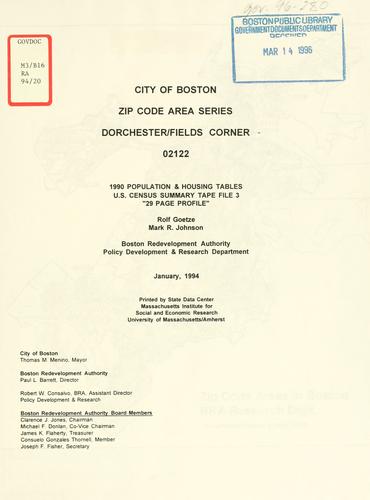 City of Boston zip code area series, Dorchester / fields corner, 02122, 1990 population and housing tables, U.S. census summary tape file 3