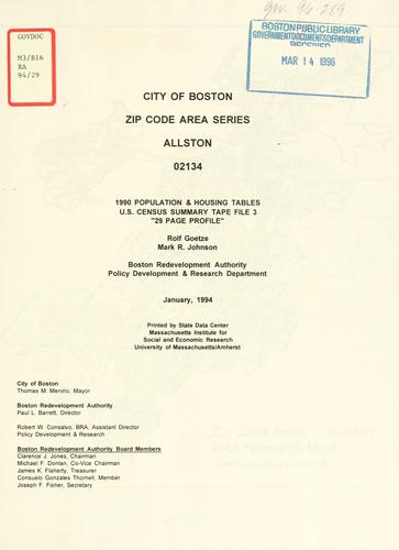 City of Boston zip code area series, allston, 02134, 1990 population and housing tables, U.S. census summary tape file 3