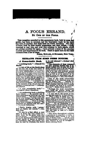 A Fool's Errand: By One of the Fools; the Famous Romance of American History ..