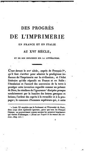 Des progrès de l'imprimerie en France et en Italie au XVIe siècle et de son influence sur la littérature