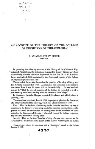 An Account of the Library of the College of Physicians of Philadelphia, 1788-1906