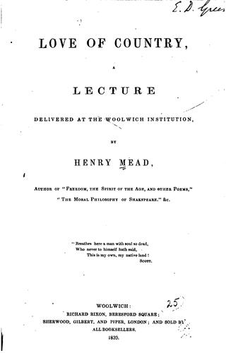 Love of Country, a Lecture Delivered at the Woolwich Institution