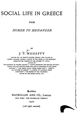 Social Life in Greece from Homer to Menander