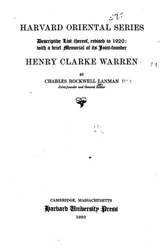 Harvard Oriental Series, Descriptive List Thereof, Revised to 1920: With a ..