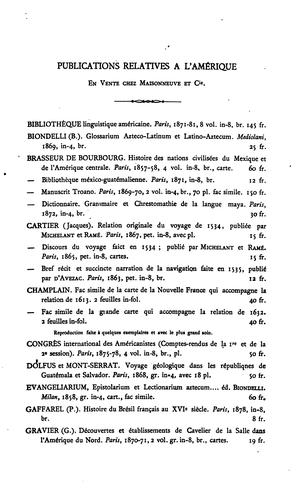 Bibliotheca americana: histoire, géographie, voyages, archéologie et linguistique des deux Amériques