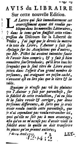 Discours sur la liberté de penser, et de raisonner sur les matieres les plus importantes: Ecrit ..