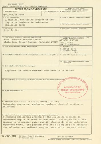 A chemical monitoring program of the explosion products in underwater explosion tests