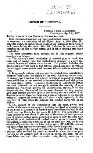 Report of the Federal Trade Commission on Combed Cotton Yarns: April 14, 1921