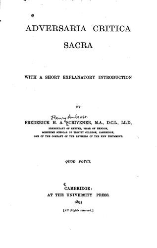 Adversaria Critica Sacra: With a Short Explanatory Introduction