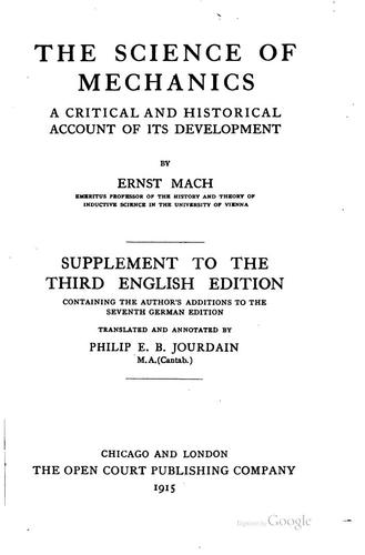 The Science of Mechanics: A Critical and Historical Account of Its ...