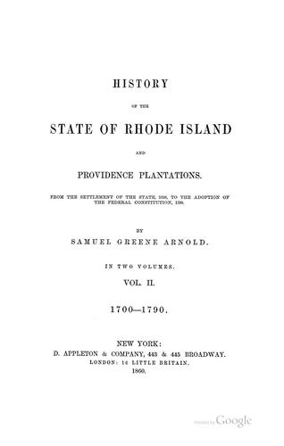 History of the State of Rhode Island and Providence Plantations