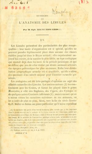 Recherches sur l'anatomie des Limules