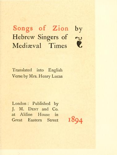 Songs of Zion by Hebrew singers of Mediaeval times