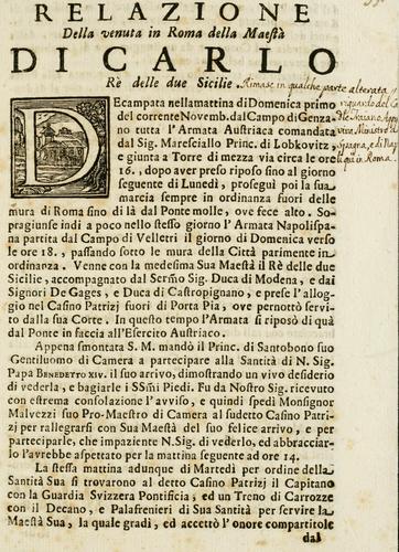 Relazione della venuta in Roma della Maestà di Carlo, rè delle due Sicilie