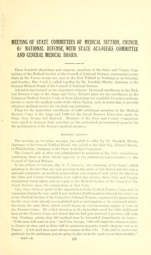 Report of meetings of state committees of the medical section of the Council of national defense with the State activities committee and the General medical board