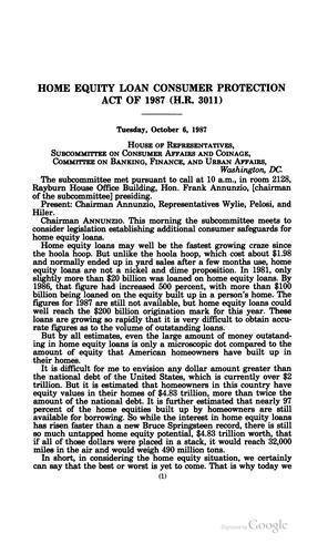 Home Equity Loan Consumer Protection Act of 1987 (H.R. 3011): Hearing Before ...