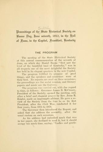 Proceedings of the meeting of the Kentucky State Historical Society, Boone Day, June seventh, 1912, in the Hall of Fame, new capitol