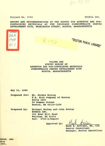 Report and recommendations of the survey for asbestos and pcb-containing materials at the proposed commonwealth center development site, Washington street, Boston, Massachusetts, volume 1: survey report of asbestos and pcb-containing materials, commonwealth center development site, Boston, Massachusetts